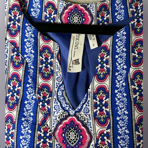 Pink Owl Blue Mini Dress with Geometric Patterns and Tank Top Style - Picture 6 of 6